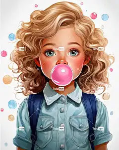 可爱的 女孩 孩子 卷曲的金发 大眼睛 泡泡糖 美国女学生 浅色