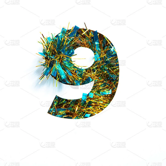 闪亮的数字九和剪纸形状的数字九孤立在白色。庆典设计字体素材-花瓣网