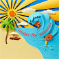 Beach scene in paper sculpture showing sun, sand and sea with surfer on wave