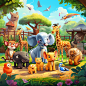 a lot of cute zoo animals at the zoo, vibrant colors, in style of cartoon, ar 1:1