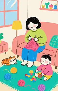 卡通居家织毛衣温馨时光