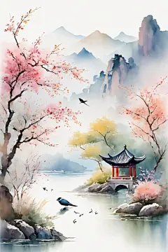 手绘山水中国风水墨画山水画插画