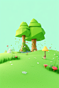 a green grasstop with trees between them, in the style of whimsical multimedia, rendered in cinema4d, minimalist backgrounds, toyism, multicolored landscapes, use of paper, playful cartoonish illustrations