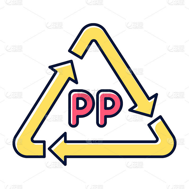 PP黄色标志颜色图标。热塑性聚合物标记。树脂识别代码。回收塑料。三角形箭头。有机化学。环境保护。孤立