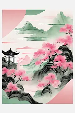 AI数字艺术粉绿风景水墨画-众图网