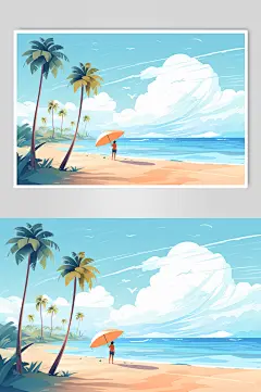 AI数字艺术扁平风夏季海边旅行人物插画-众图网