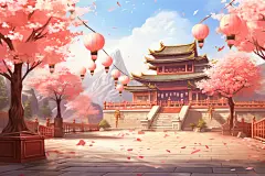 古风山水花朵树木人物古风建筑壁纸