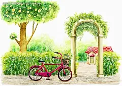 门前的红色自行车卡通风景插画PSD分层素材|插画|房子|风景|风景图片|红色|卡通|绿草|绿树|门前|手绘|树木|院子|自行车