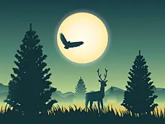 夜晚森林中飞行月亮的鹰和树丛中的鹿动物插画