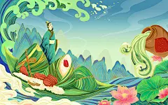 端午节节日国潮手绘卡通插画风景人物粽子酒船海浪河流山