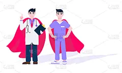 两位医生带着英雄披风躲在医院医务人员身后抗击疾病和病毒的前线平面风格设计矢量插图。医生医生医疗诊所工