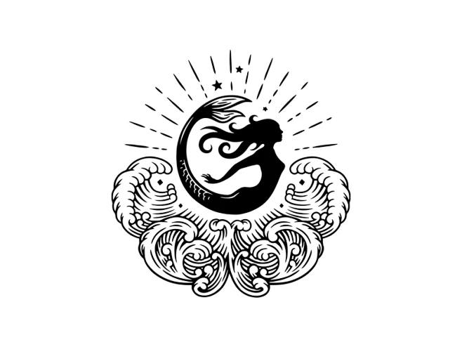 Mermaid Gin waves spirits illustration gin mermaid logo engraving