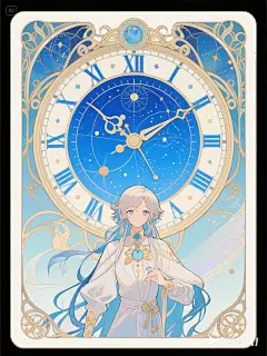 jimeng-2025-05-23-122-穆夏风格人物卡牌，天文钟，时光流逝，二次元卡牌设计，人物为前景，居中，欧式玄幻，表盘，指针，对称，大面积使用蓝色，点缀少量补色，画面清新，高级