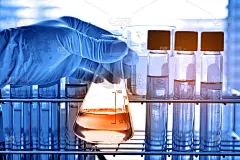 有实验室玻璃器皿背景的科学家手上的烧瓶