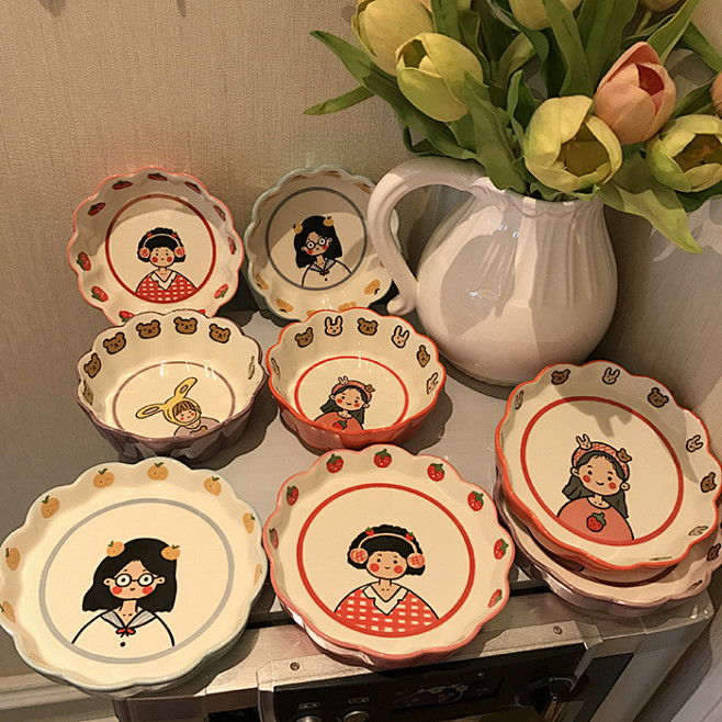 日式餐具可爱女孩小熊沙拉碗复古家用卡通陶...