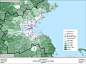 This map cross references vehicle miles traveled (VMT) per capita in relation to transit services by municipality. On this map, there is an overlay that shows the commuter rail and rapid transit network. Each municipality is indicated in a shade of green.