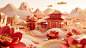 C4D红色山水纸雕艺术层次材料材质纹理背景
