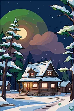 冬季夜晚梦幻森林小木屋