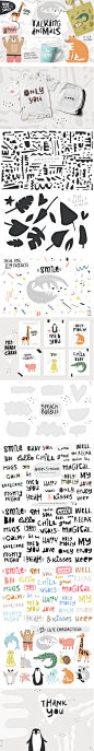 矢量 | 16个超级可爱动物字母剪纸纹理插图元素T恤海报自然纹理 