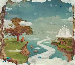 童话梦幻般的森林, 城堡, 桥梁, 湖泊和大树在天空中的插图