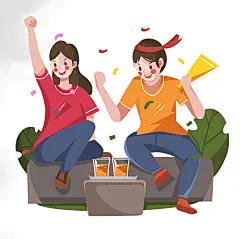 世界杯扁平风看足球赛球迷加油插画