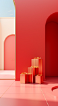 Red door and gold gift and present, in the style of clemens ascher, spatial concept art, yanjun cheng, light-filled compositions, high detailed, interior scenes, cartoon compositions