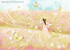 花丛中的小女孩和飞舞的蝴蝶卡通插画PSD分层素材|插画|蝴蝶|花丛|花朵|花环|卡通|卡通人物|漫画人物|手绘|鲜花|小女孩