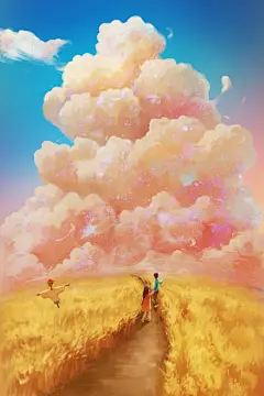 卡通唯美手绘梦幻风景插画女孩麋鹿鲸鱼森林梦境PSD模板设计素材