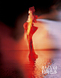 时尚芭莎十二月刊，以五行主题的艺术美妆，第一章「火」“Beauty On Fire”，火焰光影，红色妆容，明艳而张扬的美。