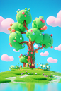 3d rendered scene of trees and flowers with sky behind, in the style of minimalist cartooning, toyism, made of plastic, minimalistic landscapes, green, carpetpunk, cardboard