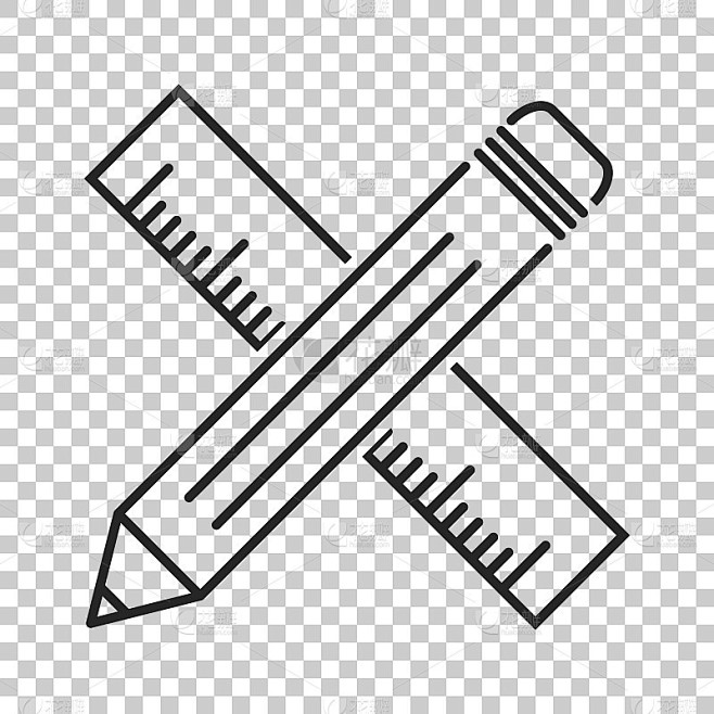 铅笔与尺的图标。尺米矢量插图。