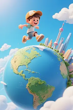 卡通地球旅行儿童人物模型