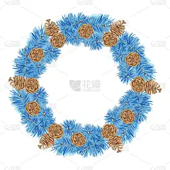 由蓝色云杉树枝和球果组成的花环。手绘的节日装饰和贺卡集。矢量插图。