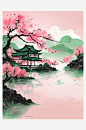 粉绿风景水墨画AI数字艺术-众图网
