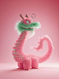 创意可爱粉色绿色恐龙动物毛绒玩具卡通形象产品广告摄影海报midjourney关键词咒语：