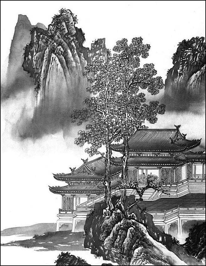 白描山水风景感受黑白静宁的艺术