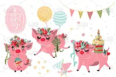 美丽小猪生日复古矢量水彩集合，设计元素集