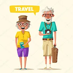在旅行中的老夫妇。祖父母的旅程。卡通矢量图。男人和女人与相机和地图。为横额及海报。一起旅行。夏天的旅行