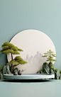 White round flat podium, product display, with welcoming pine and rockery and Tang and Song dynastypalace on it, minimalist chinese background wall，blue and green, spring atmosphere，studio lights, soft lighting, 3D, rendering, super detailed, high quality