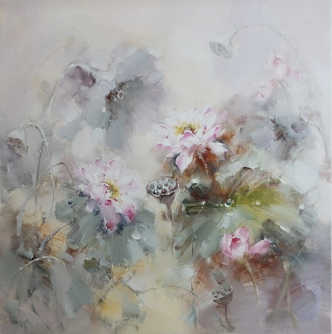 荷花油画