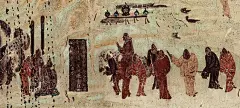 莫高窟 第323窟 主室 北壁
时代：初唐(公元618年-712年)
上画千佛，中部画佛教史迹画，自西向东依次为：1.汉武帝获得匈奴祭天金人与张骞出使西域；2.释迦浣衣池与晒衣石；3.佛图澄之神异事迹；4.阿育王拜外道尼乾子塔；5.康僧会感应故事，下部画菩萨七身。 北壁西侧上部画张骞出使西域图，共由4组画面组成，呈“凹”字型排列，每个画面旁均有清晰榜题，表现汉武帝获得匈奴祭天金人和张骞出使西域的情景。