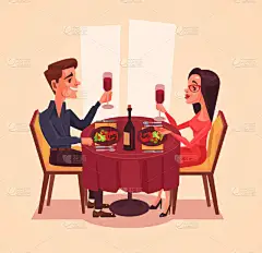 对幸福的夫妻恋人男人和女人字符和酒一起吃饭。矢量平面卡通插画