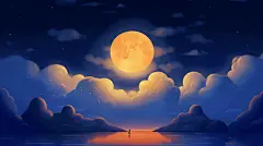 治愈唯美中秋插画满月赏月壁纸月亮夜晚插画夜景