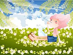 坐在草地上吹泡泡的小女孩草地|插画|吹泡泡|儿童|花朵|绘画|卡通|卡通人物|卡通人物图片|漫画人物|人物素材|人物图片|矢量人物|矢量素材|小女孩