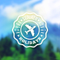 Vector badge for travel club : Vector badge with mountain peak sign and text on ribbon. Abstract blurry background. Transparent label. Adventure outdoors. Fluffy clouds