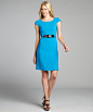 Tahari ASL sea blue woven cap sleeve patent belted dress | BLUEFLY up to 70% off designer brands