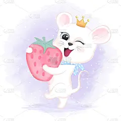 可爱的小老鼠和草莓手绘卡通动物水彩插图