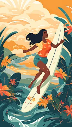 扁平风冲浪海滩海边插画