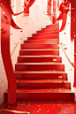 Stair case with red boxes and gold confetti falling down, in the style of monochromatic color scheme, living materials, wrapped, festive atmosphere, associated press photo, lively tableaus, curvilinear forms