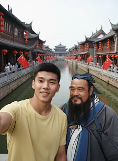 中式古街实景，红灯高挂，国庆节的喜庆氛围浓厚。现代青年与拟人化古代文人孔子同框，水墨风线条勾勒服饰，动漫风格融合现实，展现传统与现代的碰撞。